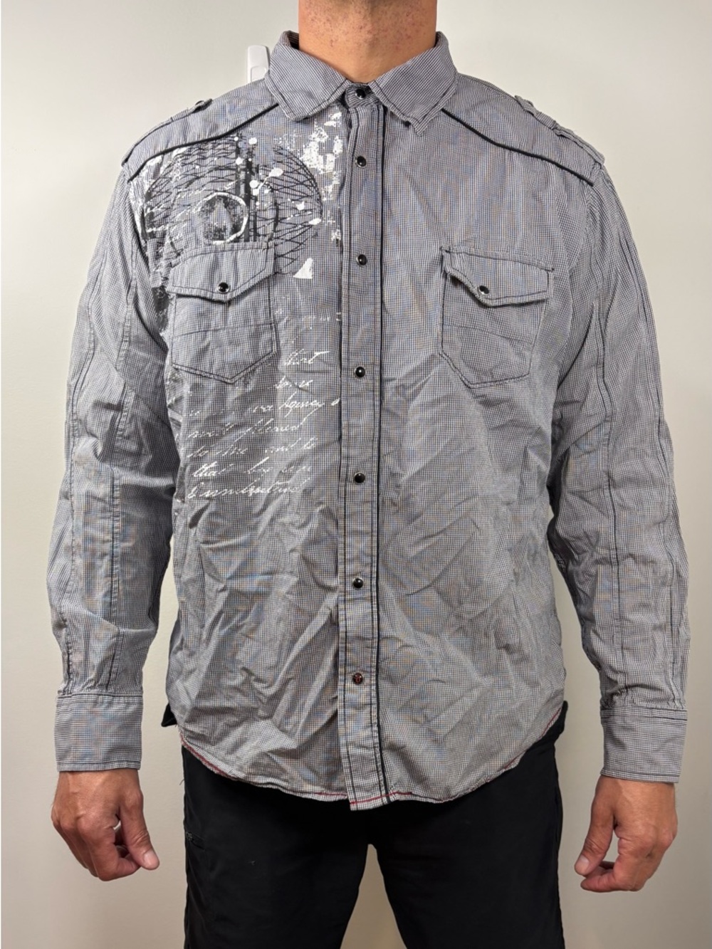 Decree Y2K Western Graphic Snap Button Shirt Men’s XXL Tattoo Style
